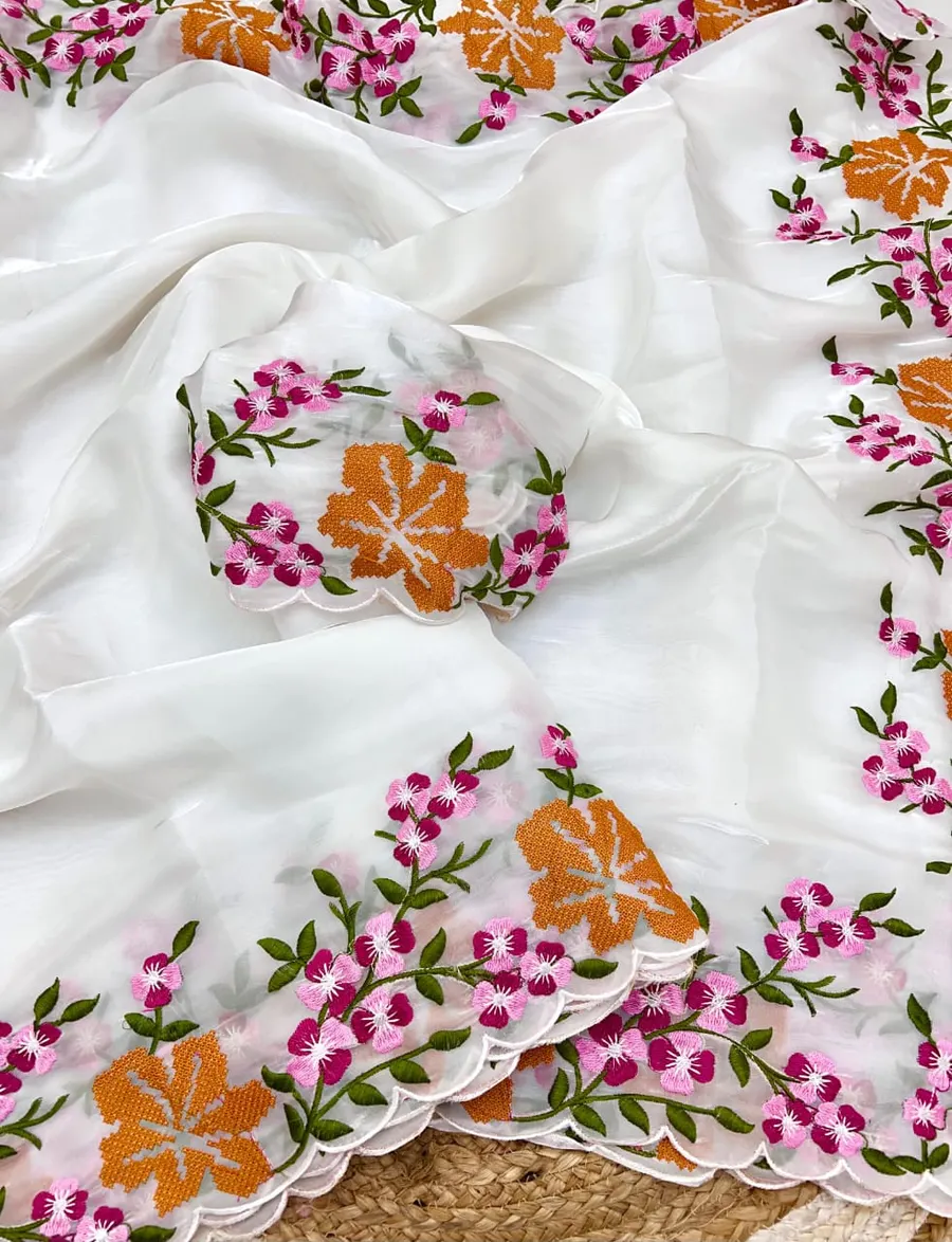 Soft Zimmy Silk Saree with Multicolor Cross Stitch Work